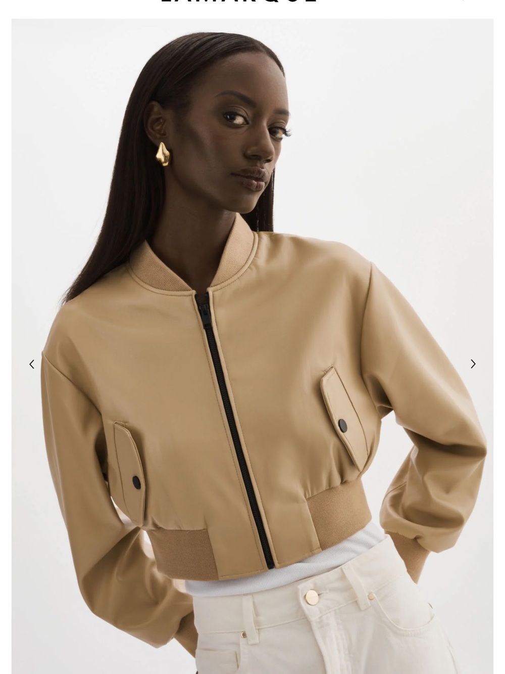 Beige Faux Leather Bomber Jacket